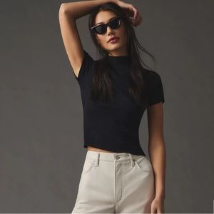 Anthropologie black ribbed mock neck shirt • short sleeve • size xs